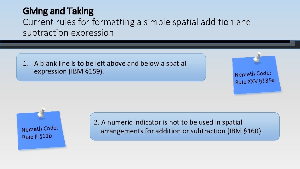 Giving and Taking Current rules formatting a simple spatial addition and subtraction expression 1.