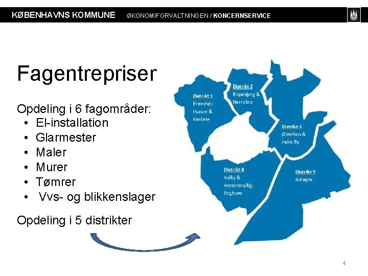 KØBENHAVNS KOMMUNE ØKONOMIFORVALTNINGEN / KONCERNSERVICE Fagentrepriser Opdeling i 6 fagområder: • El-installation • Glarmester