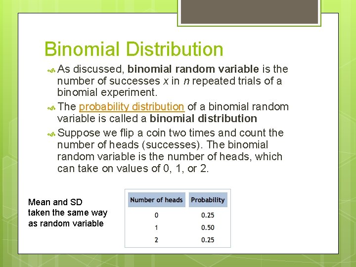 Binomial Distribution As discussed, binomial random variable is the number of successes x in