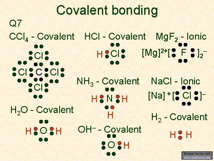 Covalent bonding Q 7 CCl 4 - Covalent Cl Cl Cl H 2 O