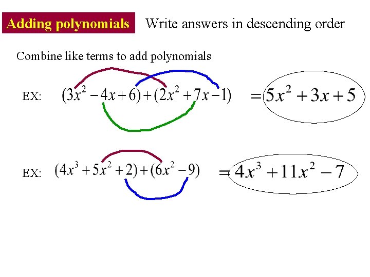 Adding polynomials Write answers in descending order Combine like terms to add polynomials EX: