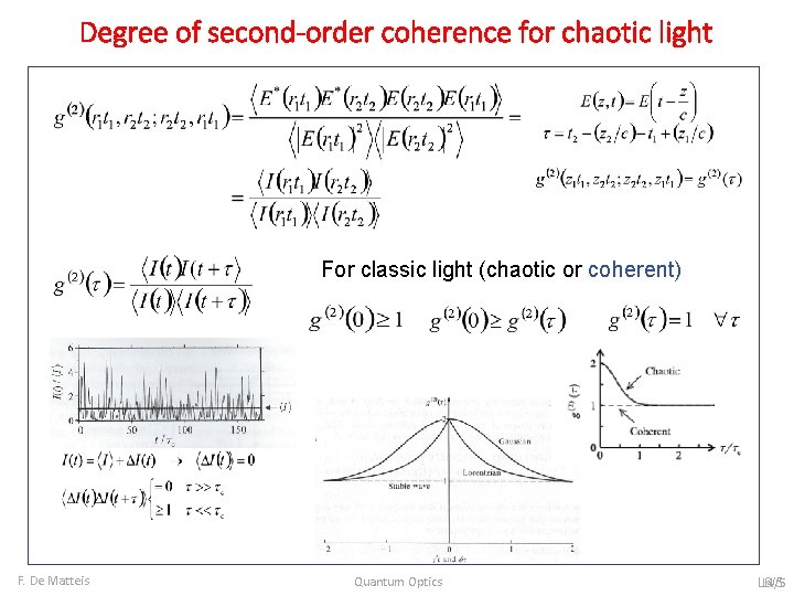 Degree of second-order coherence for chaotic light For classic light (chaotic or coherent) F.
