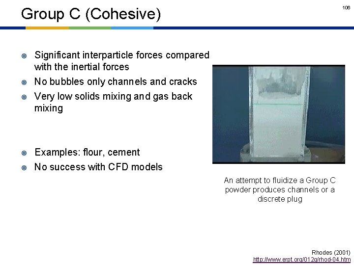 106 Group C (Cohesive) ¥ Significant interparticle forces compared with the inertial forces ¥