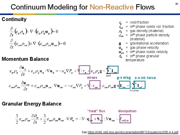 Continuum Modeling for Non-Reactive Flows Continuity g sm rg rsm 50 void fraction mth