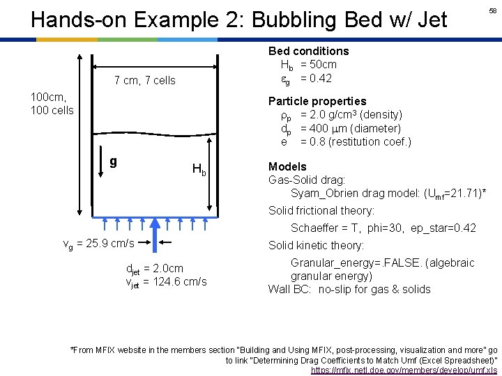 Hands-on Example 2: Bubbling Bed w/ Jet 58 Bed conditions Hb = 50 cm