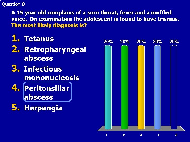 Question 8 A 15 year old complains of a sore throat, fever and a