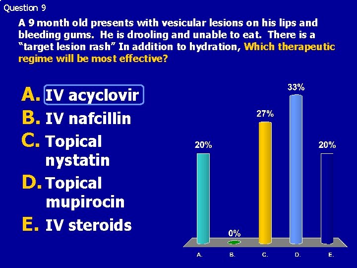 Question 9 A 9 month old presents with vesicular lesions on his lips and