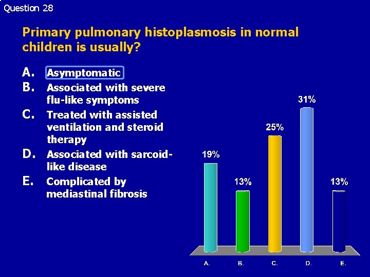 Question 28 Primary pulmonary histoplasmosis in normal children is usually? A. Asymptomatic B. Associated