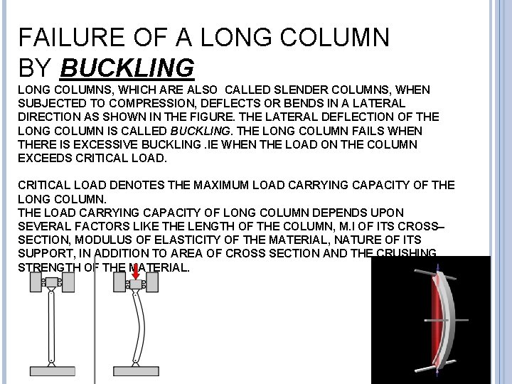 FAILURE OF A LONG COLUMN BY BUCKLING LONG COLUMNS, WHICH ARE ALSO CALLED SLENDER