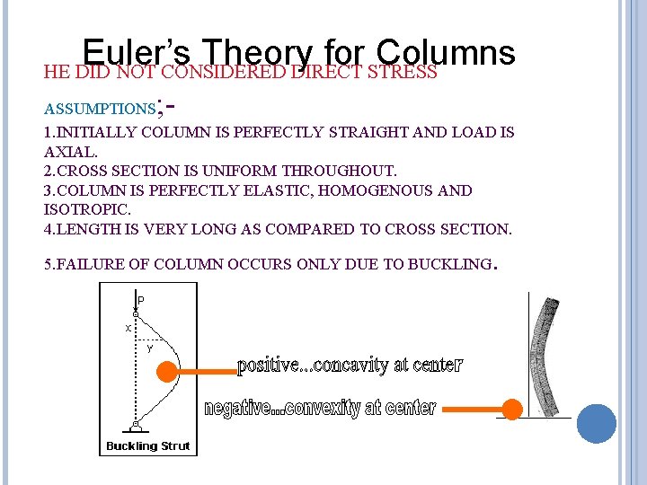 Euler’s Theory for Columns HE DID NOT CONSIDERED DIRECT STRESS ; - ASSUMPTIONS 1.