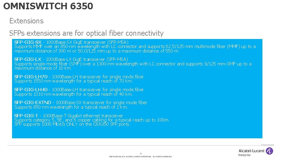 OMNISWITCH 6350 Extensions SFPs extensions are for optical fiber connectivity SFP-GIG-SX - 1000 Base-SX