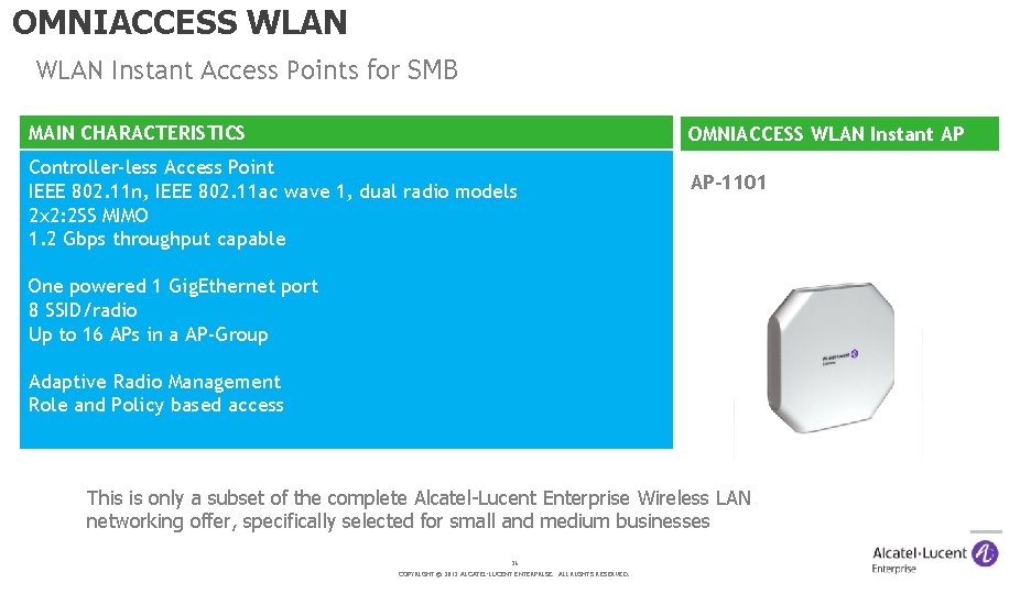 OMNIACCESS WLAN Instant Access Points for SMB MAIN CHARACTERISTICS OMNIACCESS WLAN Instant AP Controller-less