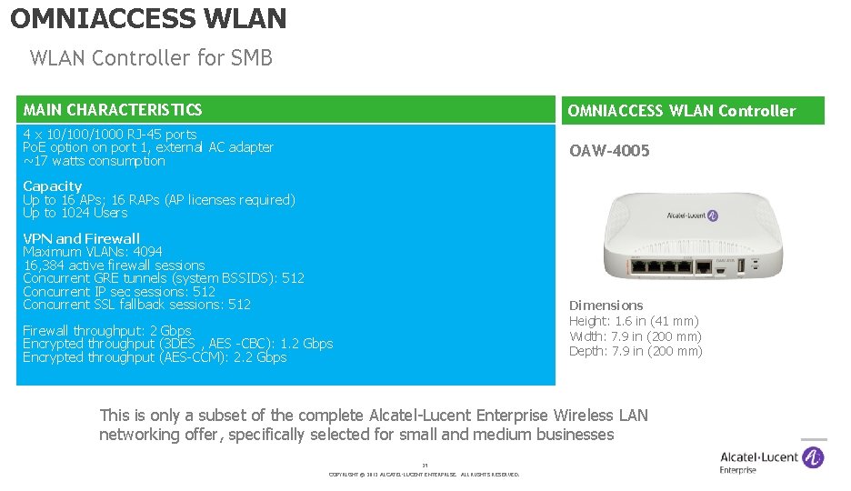 OMNIACCESS WLAN Controller for SMB MAIN CHARACTERISTICS OMNIACCESS WLAN Controller 4 x 10/1000 RJ-45