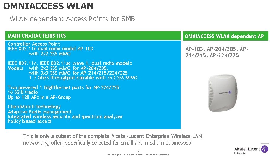 OMNIACCESS WLAN dependant Access Points for SMB MAIN CHARACTERISTICS OMNIACCESS WLAN dependant AP Controller