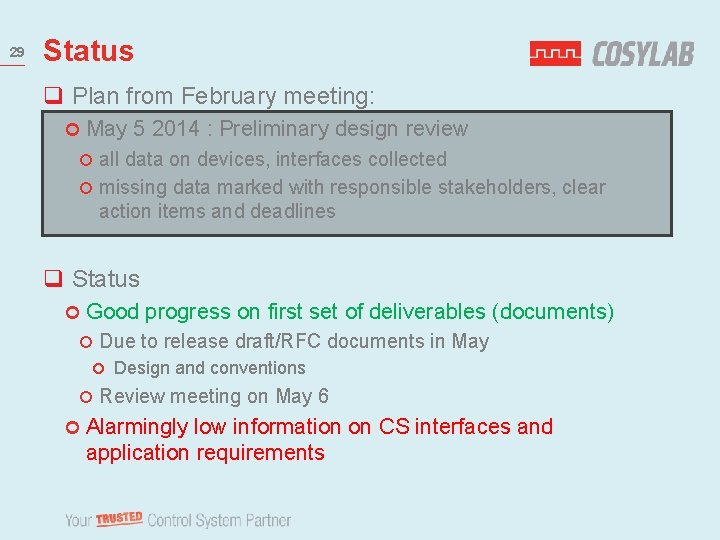 29 Status q Plan from February meeting: May 5 2014 : Preliminary design review