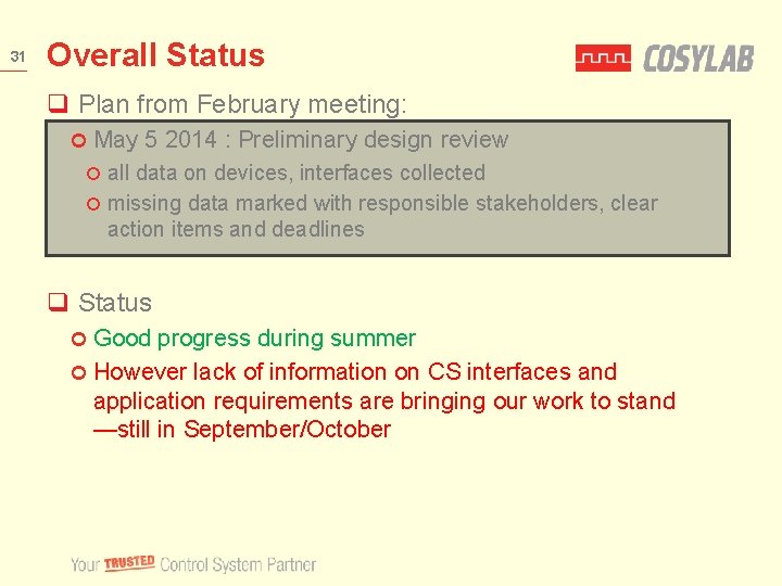 31 Overall Status q Plan from February meeting: May 5 2014 : Preliminary design