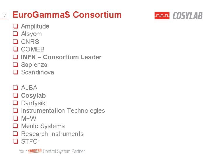7 Euro. Gamma. S Consortium q q q q Amplitude Alsyom CNRS COMEB INFN