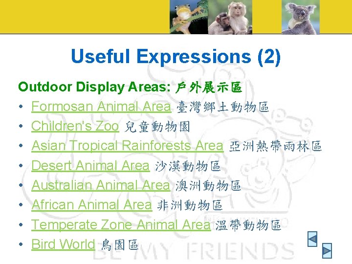 Useful Expressions (2) Outdoor Display Areas: 戶外展示區 • Formosan Animal Area 臺灣鄉土動物區 • Children's