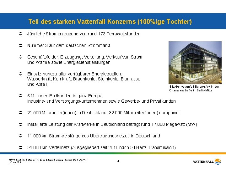 Teil des starken Vattenfall Konzerns (100%ige Tochter) Ü Jährliche Stromerzeugung von rund 173 Terrawattstunden