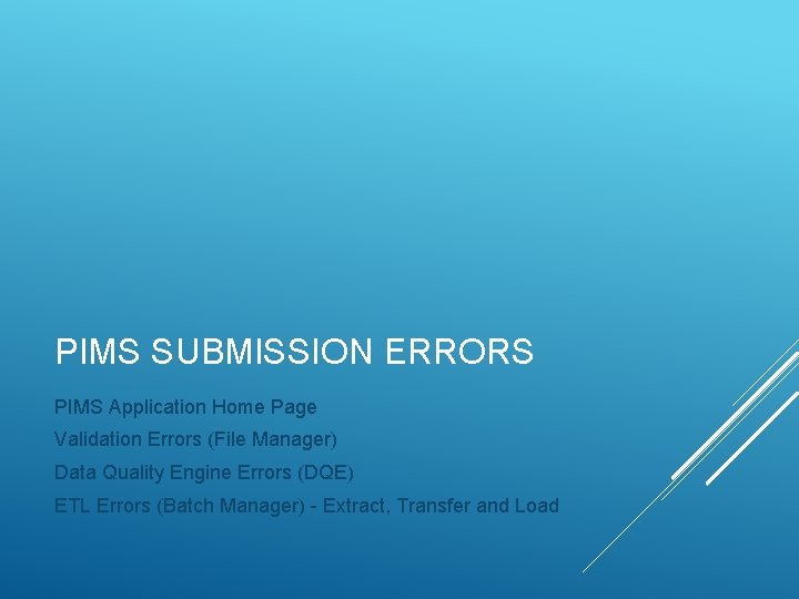 PIMS SUBMISSION ERRORS PIMS Application Home Page Validation Errors (File Manager) Data Quality Engine