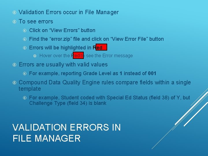  Validation Errors occur in File Manager To see errors Click on “View Errors”