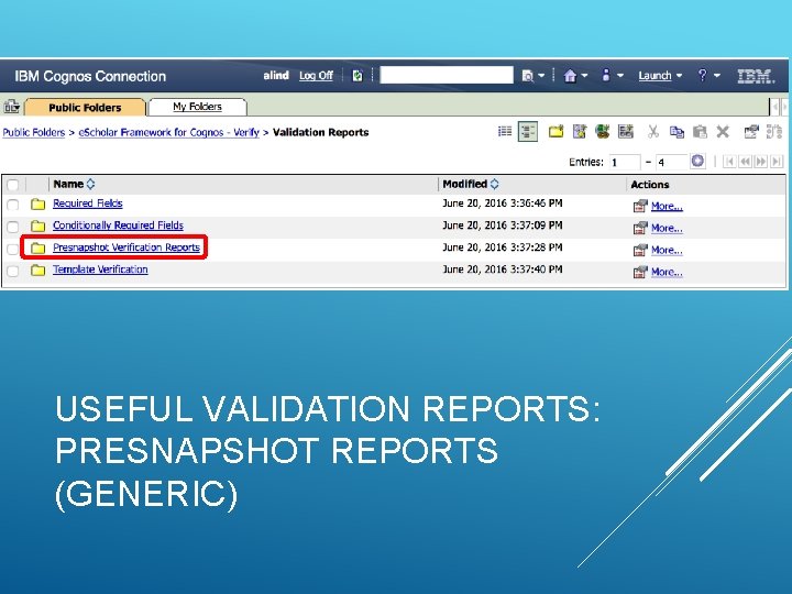 USEFUL VALIDATION REPORTS: PRESNAPSHOT REPORTS (GENERIC) 