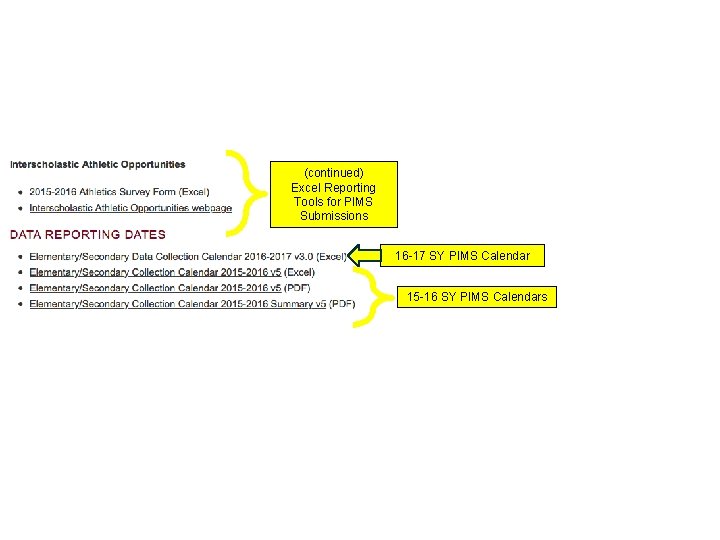 (continued) Excel Reporting Tools for PIMS Submissions 16 -17 SY PIMS Calendar 15 -16