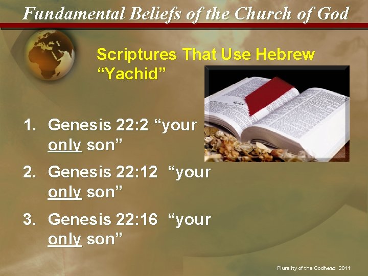 Fundamental Beliefs of the Church of God Scriptures That Use Hebrew “Yachid” 1. Genesis