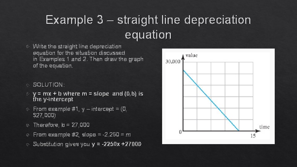 Example 3 – straight line depreciation equation Write the straight line depreciation equation for