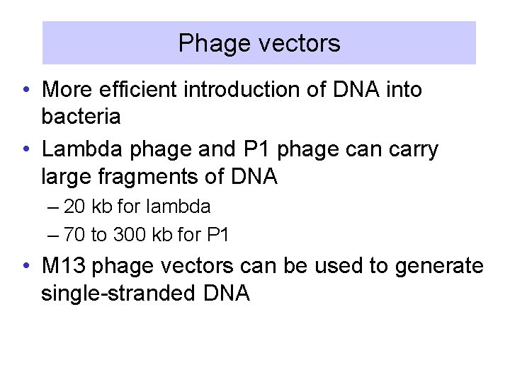 Phage vectors • More efficient introduction of DNA into bacteria • Lambda phage and