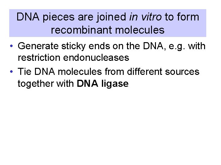 DNA pieces are joined in vitro to form recombinant molecules • Generate sticky ends