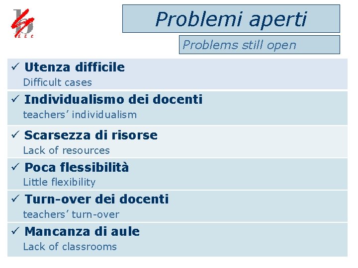 Problemi aperti Problems still open ü Utenza difficile Difficult cases ü Individualismo dei docenti