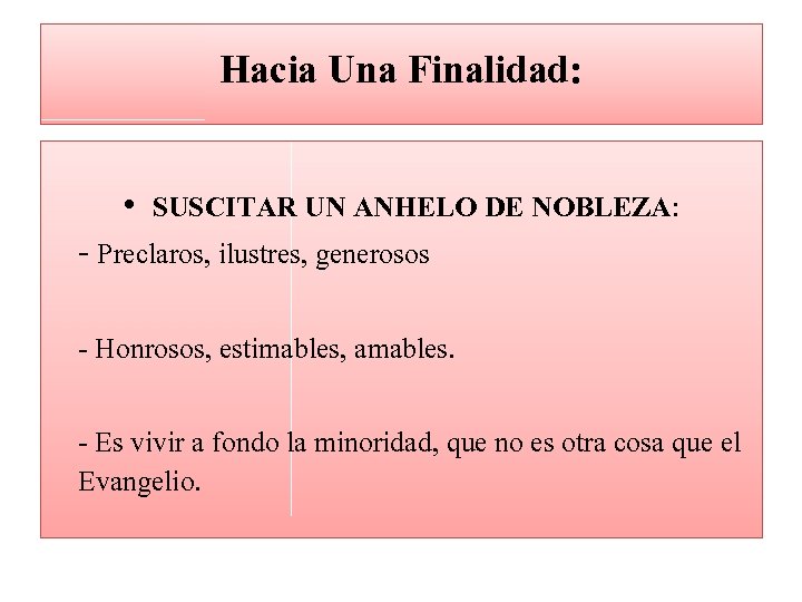 Hacia Una Finalidad: • SUSCITAR UN ANHELO DE NOBLEZA: - Preclaros, ilustres, generosos -