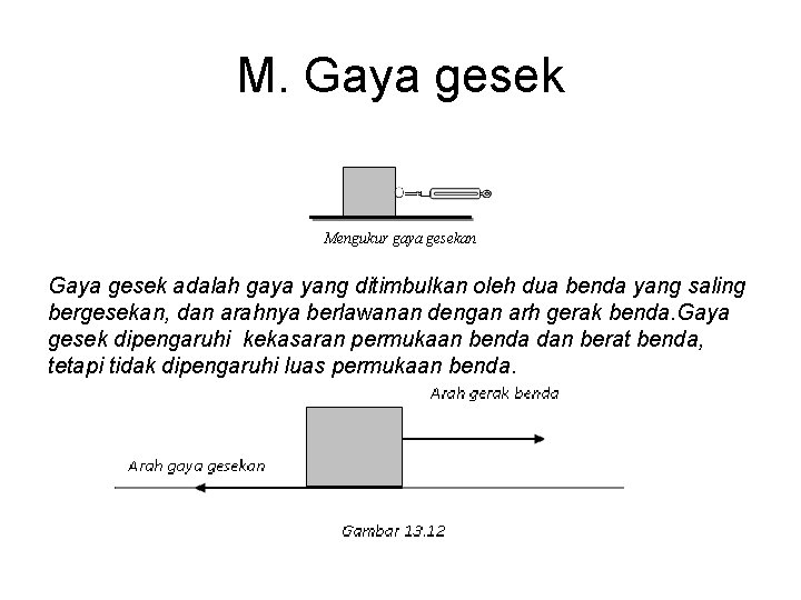 M. Gaya gesek Mengukur gaya gesekan Gaya gesek adalah gaya yang ditimbulkan oleh dua