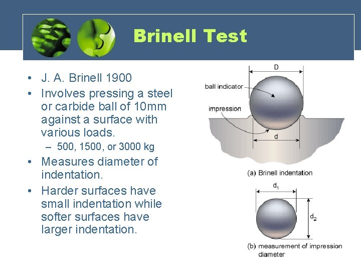 Brinell Test • J. A. Brinell 1900 • Involves pressing a steel or carbide