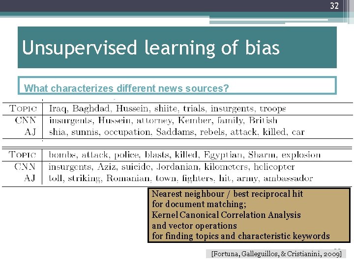 32 Unsupervised learning of bias What characterizes different news sources? Nearest neighbour / best