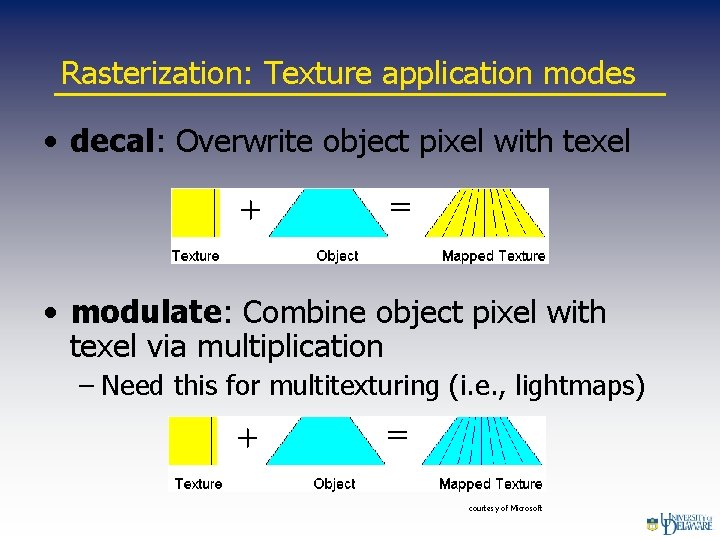 Rasterization: Texture application modes • decal: Overwrite object pixel with texel • modulate: Combine