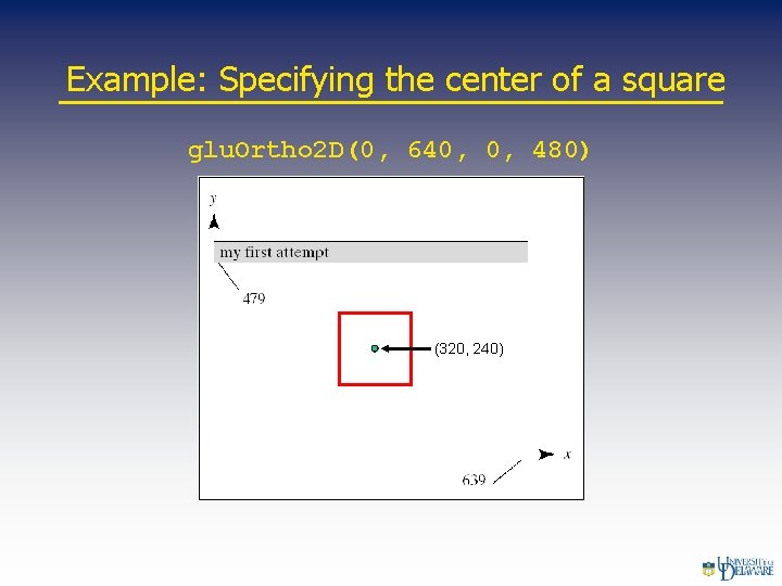 Example: Specifying the center of a square glu. Ortho 2 D(0, 640, 0, 480)