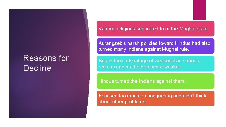 Various religions separated from the Mughal state. Aurangzeb's harsh policies toward Hindus had also