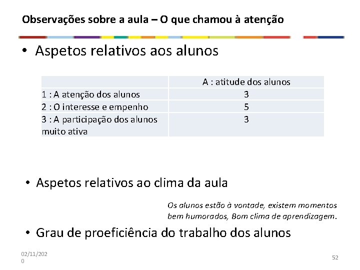 Observações sobre a aula – O que chamou à atenção • Aspetos relativos alunos