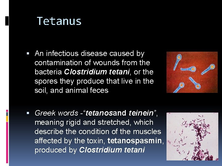 WTetanushat is Tetanus? An infectious disease caused by contamination of wounds from the bacteria