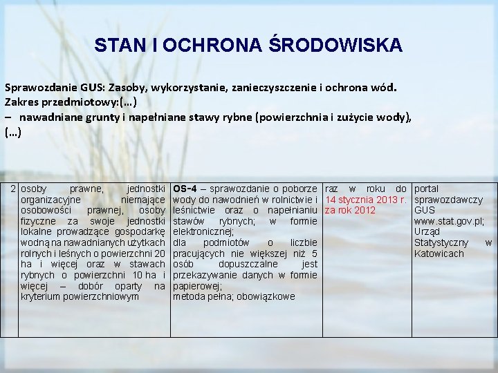 STAN I OCHRONA ŚRODOWISKA Sprawozdanie GUS: Zasoby, wykorzystanie, zanieczyszczenie i ochrona wód. Zakres przedmiotowy: