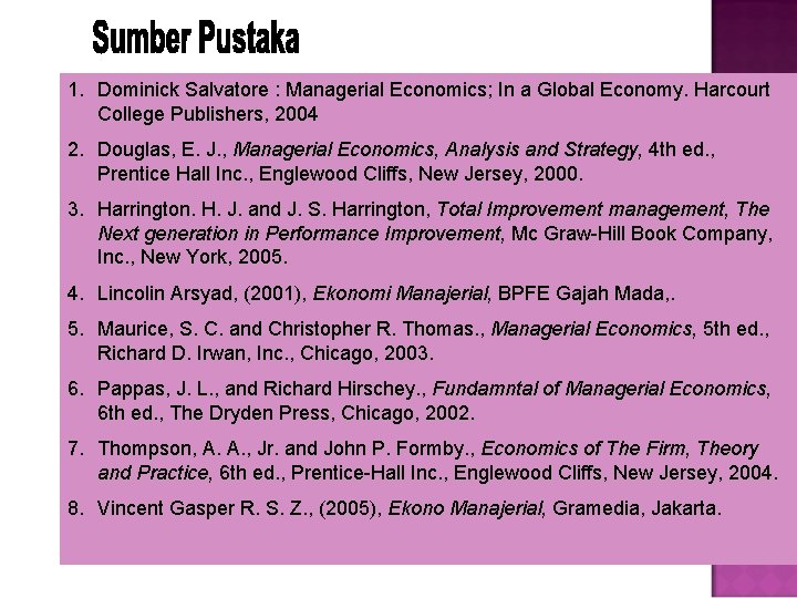 1. Dominick Salvatore : Managerial Economics; In a Global Economy. Harcourt College Publishers, 2004