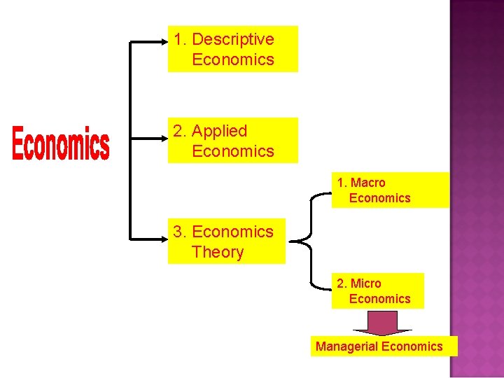 1. Descriptive Economics 2. Applied Economics 1. Macro Economics 3. Economics Theory 2. Micro