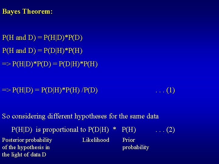 Bayes Theorem: P(H and D) = P(H|D)*P(D) P(H and D) = P(D|H)*P(H) => P(H|D)*P(D)