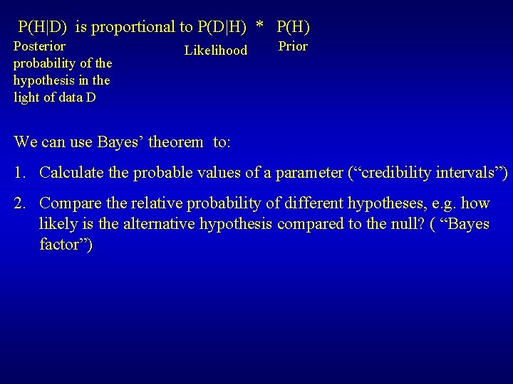 P(H|D) is proportional to P(D|H) * P(H) Posterior probability of the hypothesis in
