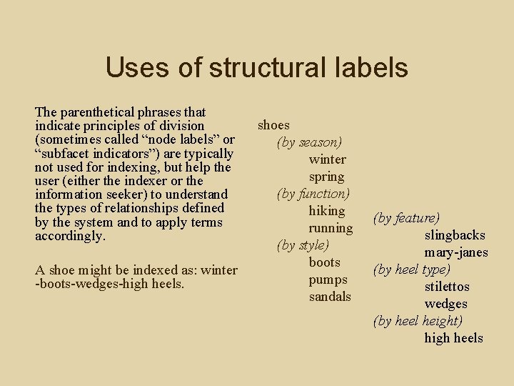 Uses of structural labels The parenthetical phrases that indicate principles of division (sometimes called
