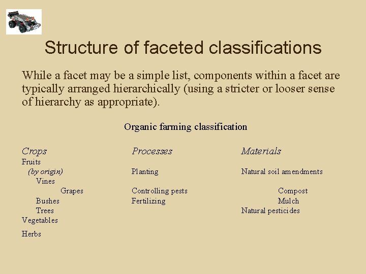 Structure of faceted classifications While a facet may be a simple list, components within