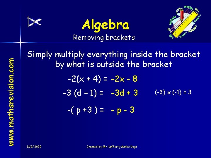 Algebra www. mathsrevision. com Removing brackets Simply multiply everything inside the bracket by what