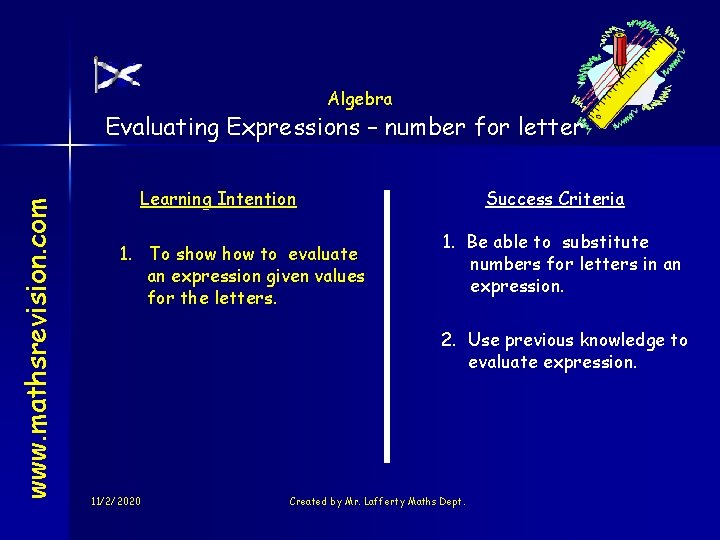 Algebra www. mathsrevision. com Evaluating Expressions – number for letter Learning Intention 1. To